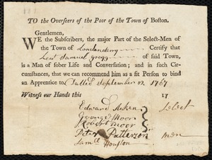 Elizabeth Utinock indentured to apprentice with Samuel [Sam] Gregg of Londonderry, 2 September 1767