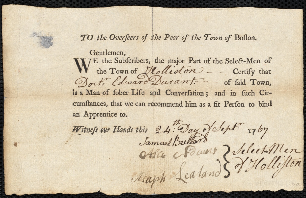Ann Evans indentured to apprentice with Edward Durant of Holliston, 30 September 1767