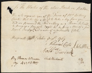 Thomas Warren indentured to apprentice with Anthony Combs, Jr. of Harpswell, 20 October 1767