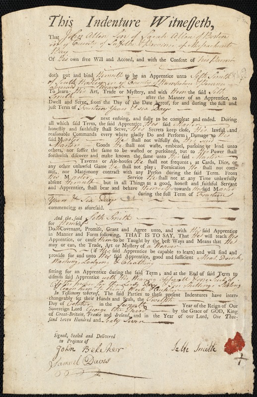 John Allen indentured to apprentice with Seth Smith of Boston, 12 October 1767