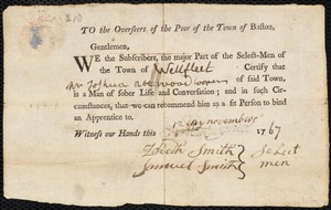 John Watson indentured to apprentice with Joshua Atwood of Wellfleet, 29 October 1767
