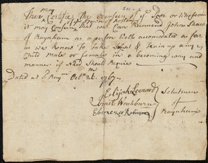 Abigail Cole indentured to apprentice with John Shaw of Raynham, 26 November 1767
