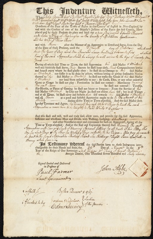 Edward Howard indentured to apprentice with John Abbe [Abbey] of Hopkinton, 28 November 1767