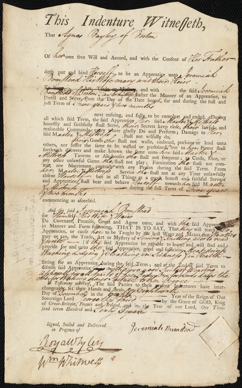 Agness [Agnes] Bayley indentured to apprentice with Jeremiah Bumstead of Boston, 18 December 1767