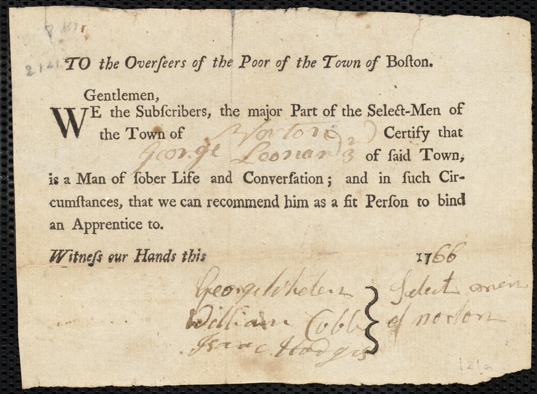 George Richardson indentured to apprentice with George Leonard III of Norton, 9 December 1767