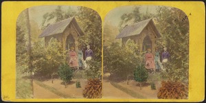 Three women standing in a garden