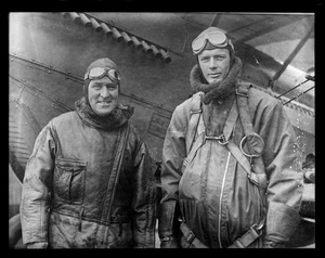 L to R: Major Thomas Lanphier & Col. Charles Lindbergh. "The two will fly in a tri-motored Fokker monoplane to Europe via Labrador, Greenland & Iceland."
