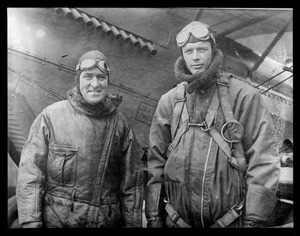 L to R: Maj. Lanphier, Col. Lindbergh. "Major Thomas J. Lanphier and Col. Chalres Lindbergh will fly in a tri-motored Fokker monoplane to Europe via Labrador, Greenland & Iceland."