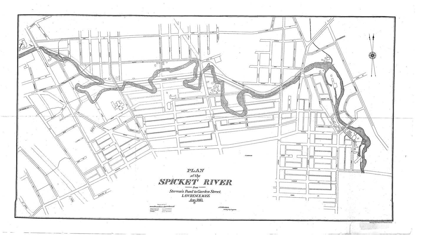 Map of the Spicket Valley showing improvements in the river channel and the line of the main sewer and branches Lawrence, Mass.