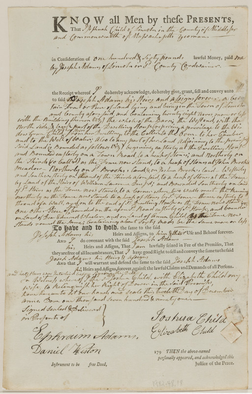 Deed of Joshua Child to Joseph Adams for 24 acres land, barn, and part of a dwelling, in consideration of 160£