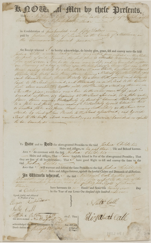Deed of Nathaniel Call to Joshua Child for land and building in Lincoln, in consideration of $450