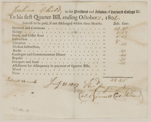 Quarter bill for expenses at Harvard College for Joshua Child