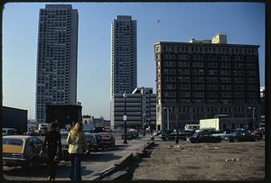 Pan from right to left on Atlantic Avenue, toward Commercial Wharf Street around past Custom House toward apartments