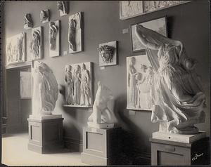 Statues and reliefs in Classical art gallery, Museum of Fine Arts, Boston