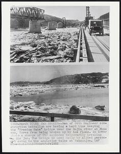 One Jam Broken--Men of 84th Engineer construction battalion are having a hard time keeping the “Freedom Gate” bridge over the Imjin River at Munsan, Korea from being broken up by ice floes. In lower photo a charge of TNT explodes temporarily breaking up the jam. The bridge is used daily by Allied personnel going to the armistice talks at Panmunjon.