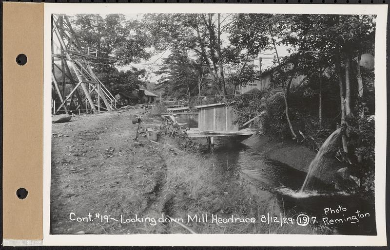 Contract No. 19, Dam and Substructure of Ware River Intake Works at Shaft 8, Wachusett-Coldbrook Tunnel, Barre, looking down mill head race, Barre, Mass., Aug. 12, 1929