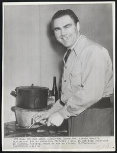 Der Moxie Cooks -- Max Schmeling, former world's heavyweight boxing champion, prepares a meal in one-room apartment in Hamburg, Germany, where he now is living.