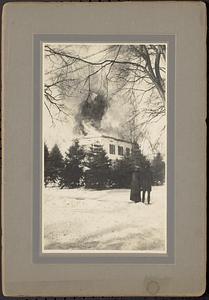 First Parish Church in flames