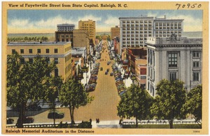 View of Fayetteville Street from State Capitol, Raleigh, N. C., Raleigh Memorial Auditorium in the distance