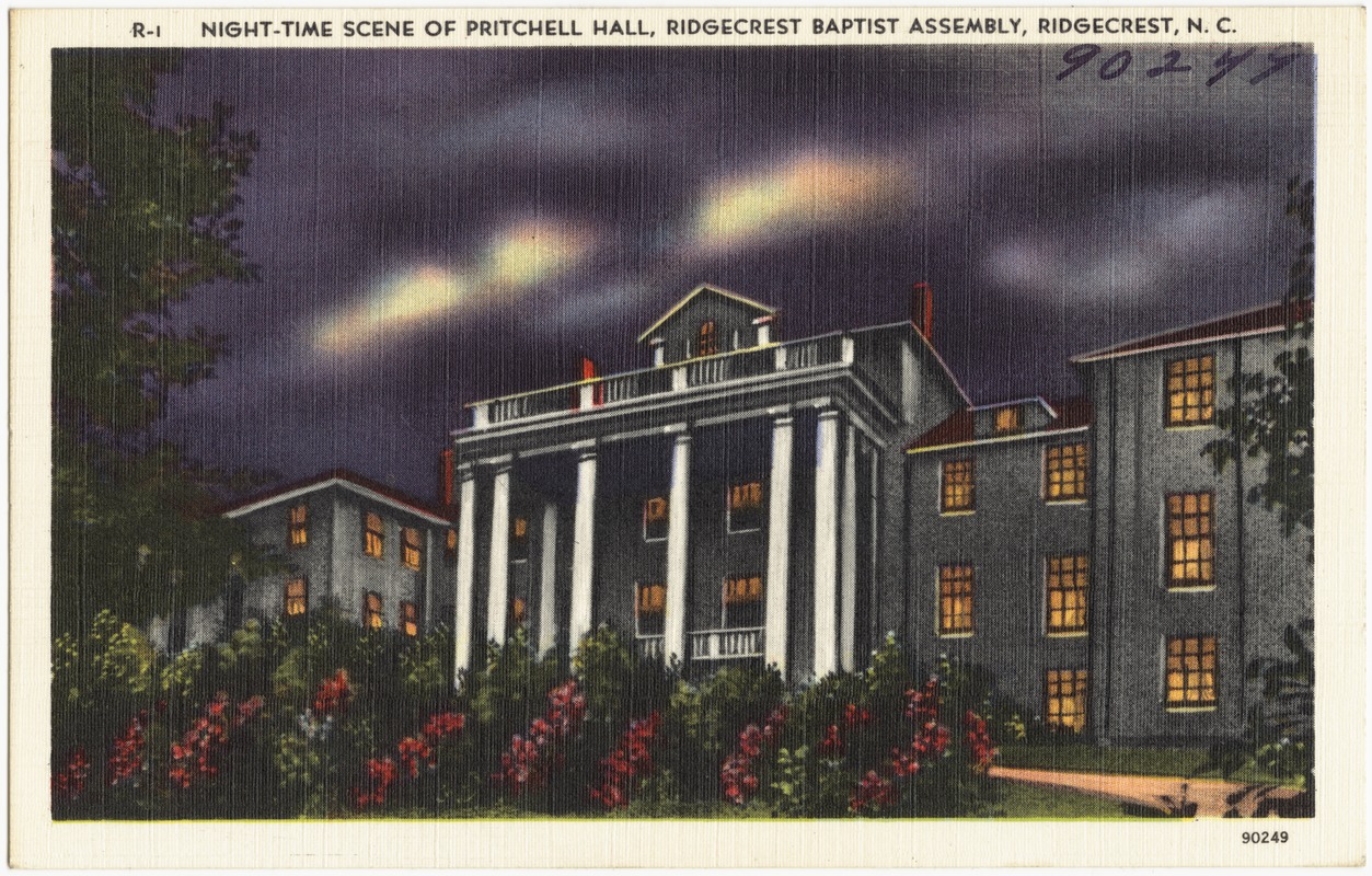 Night-Time scene of Pritchell Hall, Ridgecrest Baptist Assembly, Ridgecrest, N.C.