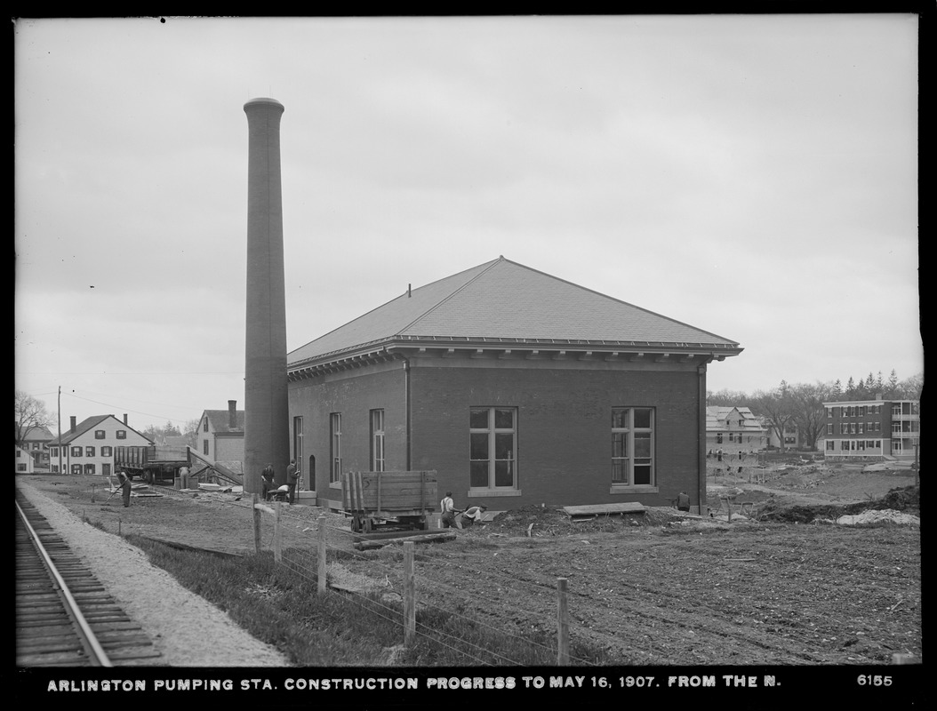 Distribution Department, Arlington Pumping Station, construction progress, from the north, Arlington, Mass., May 16, 1907