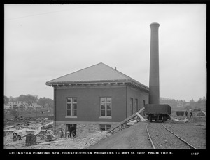 Distribution Department, Arlington Pumping Station, construction progress, from the south, Arlington, Mass., May 16, 1907