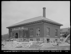Distribution Department, Arlington Pumping Station, construction progress, from the southwest, Arlington, Mass., May 16, 1907