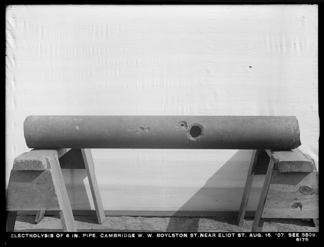 Electrolysis, electrolysis of 6-inch pipe, Cambridge Water Works, Boylston Street near Eliot Street (compare with No. 5809), Cambridge, Mass., Aug. 16, 1907