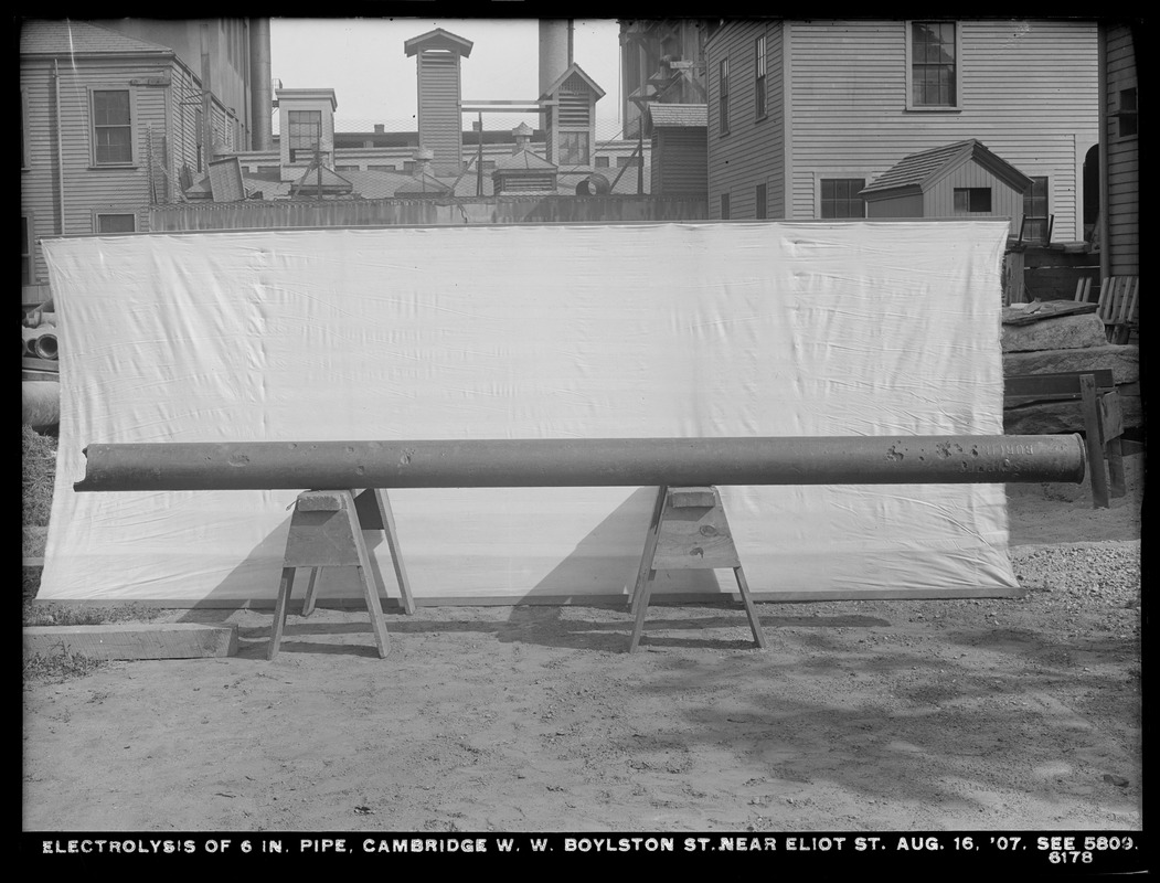 Electrolysis, electrolysis of 6-inch pipe, Cambridge Water Works, Boylston Street near Eliot Street (compare with No. 5809), Cambridge, Mass., Aug. 16, 1907