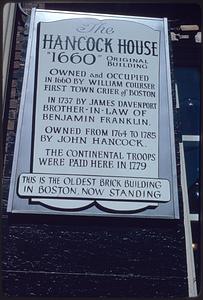 Sign with historical information on Ebenezer Hancock house ("the oldest brick building in Boston now standing")