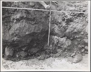 Pit shot, 13 feet back, 34”down, showing gravel, rocks and water