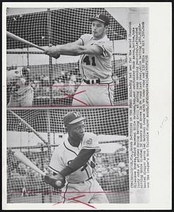 Turning on the Power Again-Big bat men for the World Champion Milwaukee Braves, third baseman Eddie Mathews, top, and outfielder Hank Aaron, bottom, take lusty cuts at pitches during batting drill at spring camp opening yesterday. Lefthanded hitting Eddie clouted 32 homers and drove in 94 runs last year, while batting .292. Righthanded slugger Aaron led National League with 44 home runs and 132 RBIs and hit .322. Hank won the league's Most Valuable Player Award.