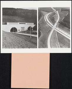 Through and Round. Left, new dual tunnels on the east-west Pennsylvania Turnpike Right, Route 30 passing over the new bypass just east of Breezewood built to eliminate dangerous tunnels on the east-west road. Despite its growing-old pains, the 29-year-old Turnpike is still a legend with road builders. Three-fourths of its original 160 miles are free of curves, a remarkable engineering feat, since it crossed the Allegheny Mountains.