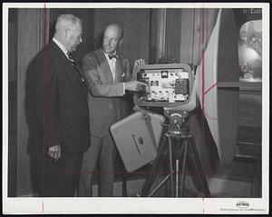 Microwave Link For WGBH – Ralph Lowell, president of the WGBH Educational Foundation, left looks over an electronic relay system donated to the station by Raytheon Manufacturing Company, as Raytheon president Charles F. Adams, Jr., explains how it works.