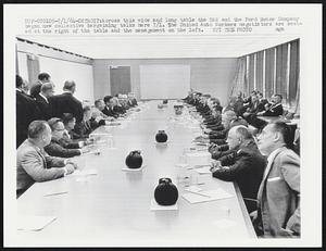 Detroit: Across this wide and long table the UAW and the Ford Motor Company began new collective bargaining talks here 7/1. The United Auto Workers negotiators are seated at the right of the table and the management on the left.