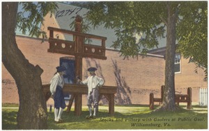 Stocks and pillory with gaolers at the Public Gaol, Williamsburg, Va.