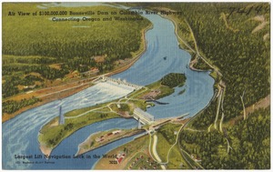 Air view of $100,000,000 Bonneville Dam on Columbia River Highway, connecting Oregon and Washington, largest lift navigation lock in the world