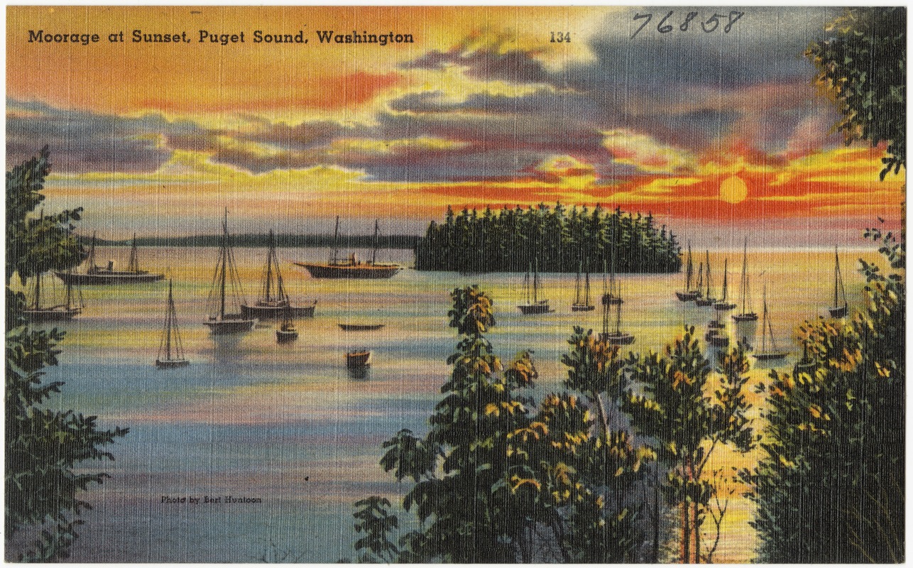 Moorage at sunset, Puget Sound, Washington