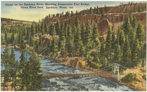 Scene on the Spokane River, showing suspension foot bridge, Down River Park, Spokane, Wash.