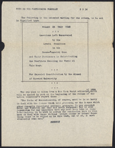 Herbert Brutus Ehrmann Papers, 1906-1970. Sacco-Vanzetti. Tercentenary, Harvard University, 1936: press releases relating to "Walled in this Tomb". Box 14, Folder 14, Harvard Law School Library, Historical & Special Collections