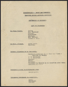 Herbert Brutus Ehrmann Papers, 1906-1970. Sacco-Vanzetti. Witnesses: notes on witnesses. Box 15, Folder 8, Harvard Law School Library, Historical & Special Collections