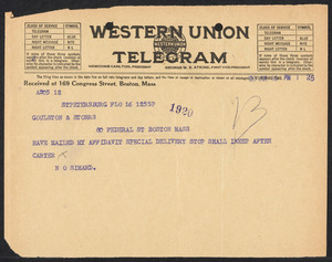 Herbert Brutus Ehrmann Papers, 1906-1970. Sacco-Vanzetti. Correspondence of HBE, junior counsel for the defense, July 15 - July 31, 1926. Box 15, Folder 13, Harvard Law School Library, Historical & Special Collections