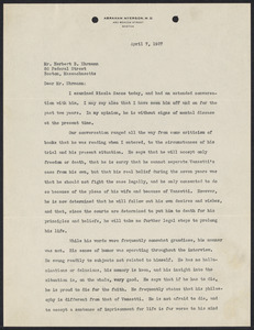 Herbert Brutus Ehrmann Papers, 1906-1970. Sacco-Vanzetti. Correspondence of HBE, junior counsel for the defense, March 22 - April 14, 1927. Box 15, Folder 17, Harvard Law School Library, Historical & Special Collections