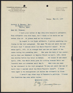 Herbert Brutus Ehrmann Papers, 1906-1970. Sacco-Vanzetti. Correspondence of HBE, junior counsel for the defense, April 15 - May 13, 1927. Box 15, Folder 18, Harvard Law School Library, Historical & Special Collections