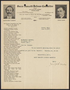 Herbert Brutus Ehrmann Papers, 1906-1970. Sacco-Vanzetti. Correspondence of HBE, junior counsel for the defense, June 21 - Aug. 11, 1927. Box 15, Folder 20, Harvard Law School Library, Historical & Special Collections