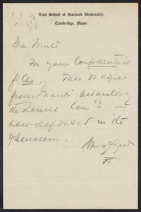 Herbert Brutus Ehrmann Papers, 1906-1970. Sacco-Vanzetti. Correspondence of HBE, junior counsel for the defense, Sacco - Vanzetti Advisory Committee Hearing July 14, 1927. Examination of Mr. Katzmann. Attached to this is undated note by FF to HBE. Box 15, Folder 22, Harvard Law School Library, Historical & Special Collections