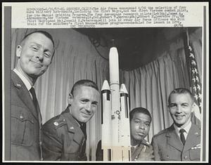 The Air Force announced 6/30 the selection of four more military Astronauts, including the first Negro, and the first Vietnam combat pilot, for its Manned Orbiting Program. The four Aerospace research pilots (L-R) Maj. James A. Abrahamson, the Vietnam veteran; Lt. Col. Robert T. Herres; Maj. Robert H. Lawrence Jr., the first Negro; and Maj. Donald H. Peterson; will join 12 other Air Force Officers who will train for the military's first manned space program--scheduled for launch in 1970.