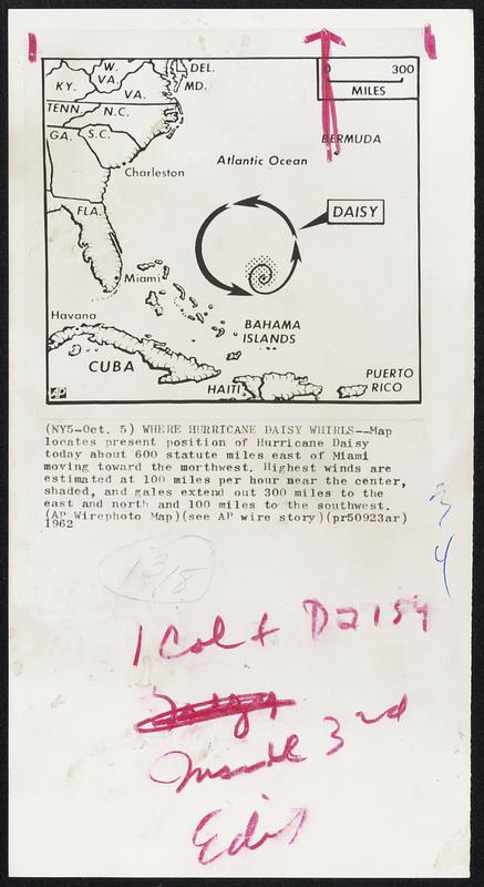 Where Hurricane Daisy Whirls--Map locates present position of Hurricane Daisy today about 600 statute miles east of Miami moving toward the morthwest. Highest winds are estimated at 100 miles per hour near the center, shaded, and gales extend out 300 miles to the east and north and 100 miles to the southwest.