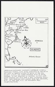 Gladys Continues Northward Course--Hurricane Gladys, with winds estimated at 100 miles per hour in squalls within 75 miles of the big storm's center, was aimed slightly West of North tonight. It was expected to continue on this path until morning and then take a more northerly direction. Gale warnings were posted from Cape Hatteras, N.C., to Cape May, N. J.