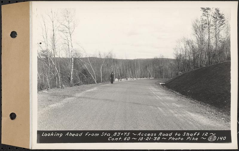 Contract No. 60, Access Roads to Shaft 12, Quabbin Aqueduct, Hardwick and Greenwich, looking ahead from Sta. 83+75, Greenwich and Hardwick, Mass., Oct. 21, 1938